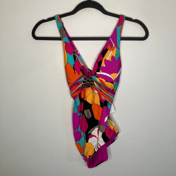 NWT TRINA TURK Gemini Plunge One Piece Floral Bright Color 6 - Picture 2 of 6